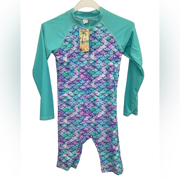NWT! TFJH E Girls Swimsuit One Piece with Zipper Turquoise and Purple  A193-38 - Picture 7 of 11